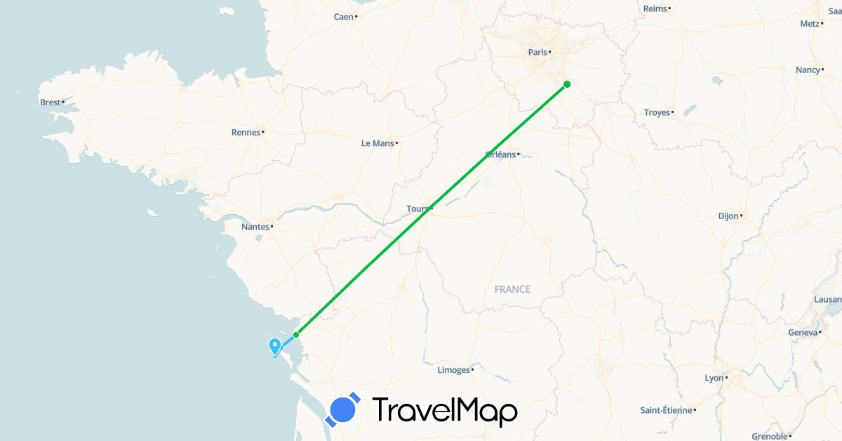 TravelMap itinerary: driving, bus, boat in France (Europe)